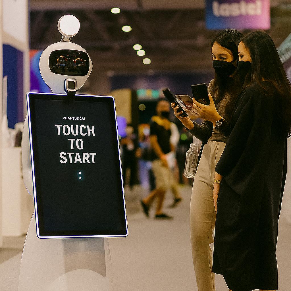 AI Robot Photo Booth at Dubai exhibition capturing branded, AI-enhanced photos for corporate event attendees in a vibrant, tech-driven setting